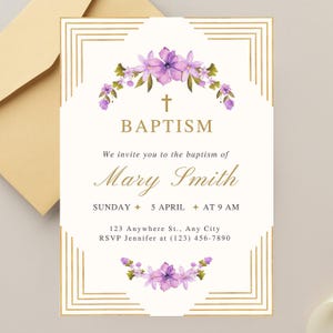 Baptism invitation, electronic invite, evite, instant download, christening invitation, flowers