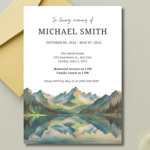 May include: A memorial card with the text "In loving memory of MICHAEL SMITH" and event details. The bottom features a watercolour landscape of mountains and a lake, with a matching envelope in the upper left corner.