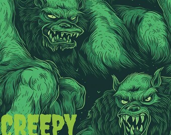 Op de afbeelding: Groene en zwarte illustratie van twee grommende weerwolven met de tekst "CREEPY ILLUSTRATOR" onderaan.