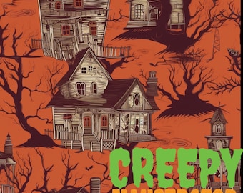 Puede incluir: Un patrón sin costuras que presenta casas espeluznantes y deterioradas con árboles oscuros y desnudos sobre un fondo naranja. El texto "CREEPY ILLUSTRATOR" está en letras verdes en la parte inferior de la imagen.