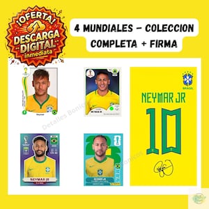 以下が含まれることがあります： ネイマールJr.のサッカーカードと、背番号10とサインが入った黄色のジャージのコレクション。カードには黄色のジャージを着たネイマールが写っており、ジャージには「NEYMAR JR」の文字がプリントされています。