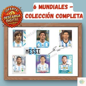 以下が含まれることがあります： アルゼンチン代表のユニフォームを着たサッカー選手、リオネル・メッシの6枚のトレーディングカードの額装コレクション。フレームには「6 MUNDIALES - COLECCIÓN COMPLETA」の文字とデジタルダウンロードのオファーが含まれています。