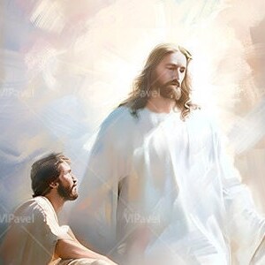 Puede incluir: Una pintura que representa a un hombre con una túnica blanca y una larga barba, extendiendo la mano hacia otro hombre con una túnica blanca. El fondo es un cielo nublado suave, blanco y azul.