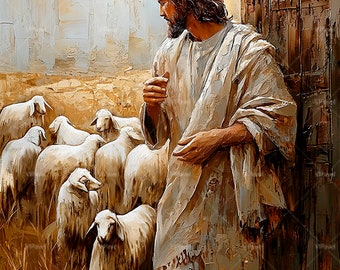 May include: A painting of Jesus standing near a wooden door, looking at a flock of white sheep in a field. The painting is done in a realistic style with brushstrokes visible.