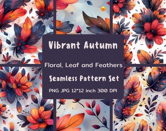 Vibrant Autumn – Floral, Leaf and Feathers Seamless Pattern Set, printable pattern, 12x12 inches, 300 dpi, PNG, JPG