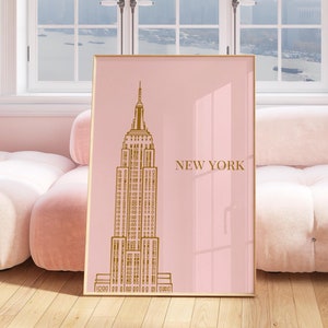 Impresión de dibujo lineal de arte mural de Nueva York en rosa, impresión de dibujo lineal de arte mural de Nueva York, decoración de Nueva York, decoración artística de Nueva York, impresión de arte mural de ciudad de moda