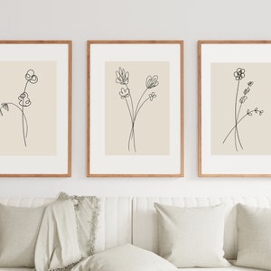 Flower Line art Prints, Set Of 3 Prints, Floral Print, Flower Wall Art, Minimal Floral Prints, Botanical Line Art, Beige Wall Art Decor