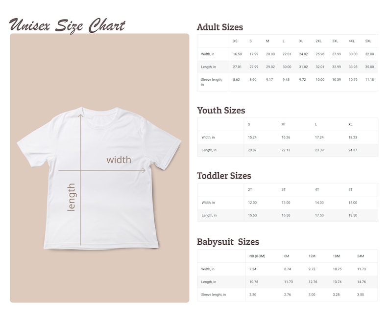 K&ouml;nnte beinhalten: Wei&szlig;es T-Shirt mit einer Gr&ouml;&szlig;entabelle, beschriftet mit "Unisex Size Chart". Die Tabelle enth&auml;lt Gr&ouml;&szlig;en f&uuml;r Erwachsene, Jugendliche, Kleinkinder und Babys mit Ma&szlig;en f&uuml;r Breite, L&auml;nge und &Auml;rmell&auml;nge in Zoll. Das T-Shirt wird mit L&auml;ngen- und Breitenindikatoren angezeigt.