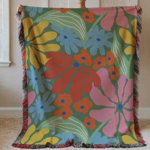 Colorful Boho Flower Matisse Woven Throw Blanket, Colorful Floral Cozy Housewarming Gift, Retro Vintage Artsy Gift, Trendy Maximalist Decor
