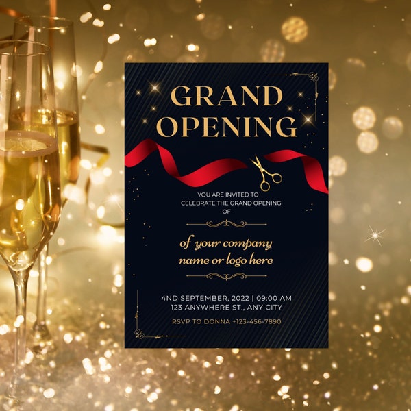 Grand Opening Invitation Red Gold Black, Grand Opening Party Invitation, Ribbon Cutting, Launch Party Invitation, Open House Celebration