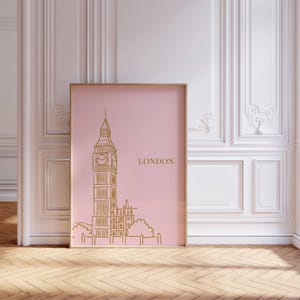 ロンドンのピンクゴールドラインアートプリント、ピンクのトレンディなロンドンウォールアート、ロンドンの英国風インテリア、ロンドンの時計塔アート、トレンディな都市旅行アートプリント