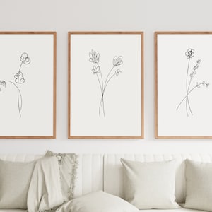 Flower Line art Prints, Set Of 3 Prints, Floral Print, Flower Wall Art, Minimal Floral Prints, Botanical Line Art, Beige Wall Art Decor