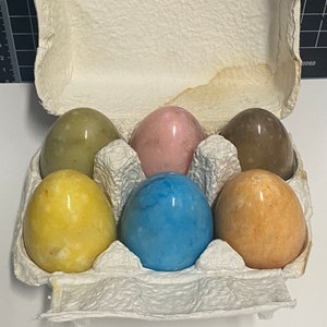 Set of 6 Hand Craved Alabaster Eggs With Different Colors