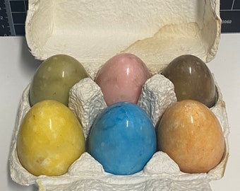 Set of 6 Hand Craved Alabaster Eggs With Different Colors