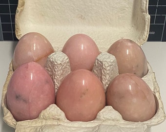 Set of 6 Hand Craved Pinkish Alabaster Eggs With Different Colors Shades