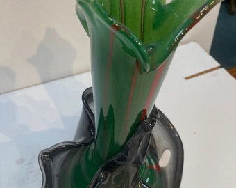 Abstract Hand Blown Glass Vase, Green with Red Accents