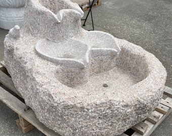 Unique Hand-Carved Granite Fountain with Leaves, Bird