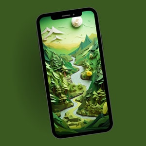 May include: A smartphone displaying a digital illustration of a green, paper-cut landscape with a winding river. The illustration is in a paper-cut style, with a 3D effect.