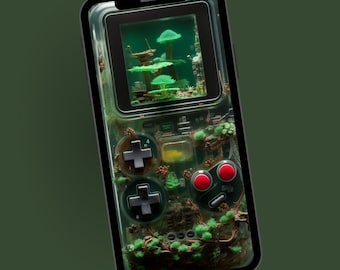 Fondo de pantalla realista del teléfono Gameboy verde 3D, fondo del teléfono de juegos retro, descarga digital móvil,