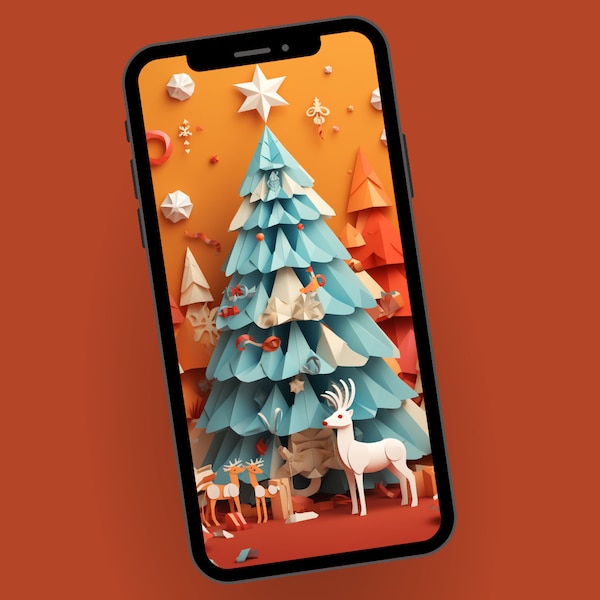 3D Origami Christmas Tree Phone Wallpaper, Happy New Year Phone Background, Mobile Digital Download,