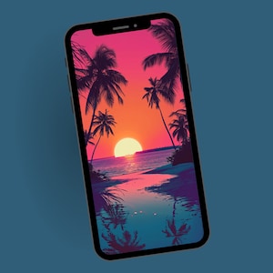 80s Miami Sunset Phone Wallpaper, Retro Tropical Phone Background, Mobile Digital Download,