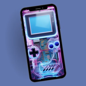 Realistic 3D Neon Gameboy Phone Wallpaper, Retro Gaming Phone Background, Mobile Digital Download,