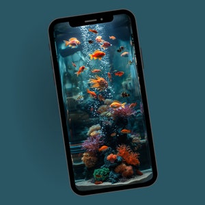 Realistic 3D Aquarium Phone Wallpaper with Red Fish, Underwater Phone Background, Mobile Digital Download,