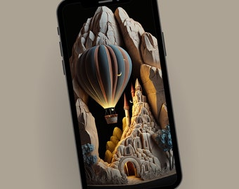 3D Origami Cappadocia & Air Balloons Phone Wallpaper, Unique Phone Background, Mobile Digital Download,