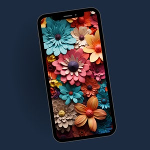 Realistic 3D Origami Colorful Flowers Phone Wallpaper, Vibrant Flower Phone Background, Mobile Digital Download,
