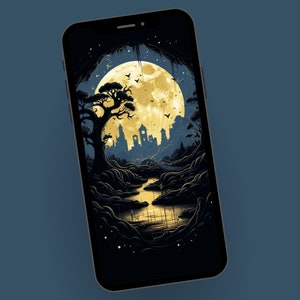 Dark Moon Phone Wallpaper, Celestial Night Lunar Phone Background, Mobile Digital Download,