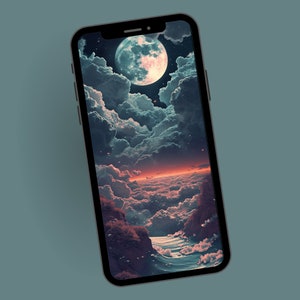 Fantasy Clouds and Moon Phone Wallpaper, Dreamy Sky Elements Phone Background, Mobile Digital Download,