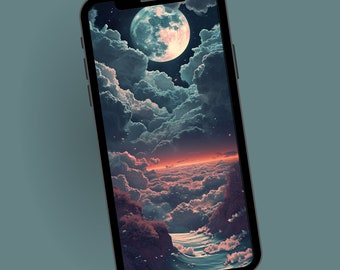 Fantasy Clouds and Moon Phone Wallpaper, Dreamy Sky Elements Phone Background, Mobile Digital Download,