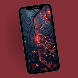 May include: A close-up of a smartphone screen displaying a dark blue and red circuit board pattern. The pattern is reminiscent of a computer motherboard with glowing red lines.