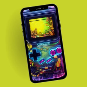 Sfondo realistico per telefono Gameboy al neon 3D, sfondo per telefono da gioco retrò, download digitale mobile,
