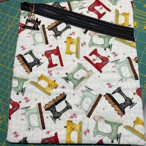 Sewing Quilting Themed Handmade Quilted Zippered Diagonal Pouch-Extra Large
