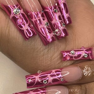 chrome press on nails- hand-painted magenta French chrome nails with rhinestones **READ DISCLAIMER in description before purchase**