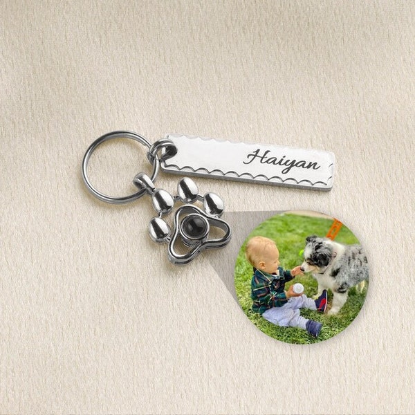 Personalized Pet Projection Photo Keychain, Pet Loss Gift, Custom Name and Photo Projection Keychain, Paw Pendant Pet Memorial Keychain