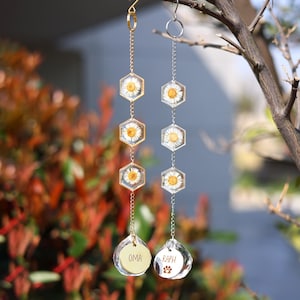 May include: Two gold and silver chains with hexagonal charms featuring pressed white flowers. Each chain ends with a clear teardrop-shaped crystal with a personalized name tag. The gold chain has the name "OMA" and the silver chain has the name "RAPH".