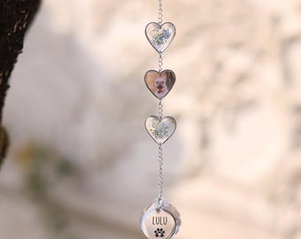 Personalized Custom Pet Photo Wind Chime,Forget Me Not Pressed Flowers,Custom named Sun Catcher,Dog Remembrance Wind Chime,Pet Memorial Gift