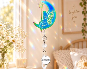 Fairy Moon Suncatcher Butterfly Window Hanging,Crystal Prism Rainbow Maker,Celestial Home Decor Gift,Magical Room Decoration