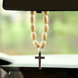 Wood Bead Car Rear View Mirror Cross Ornament, Car Mirror Hanging Accessories, Cross Hanging Ornament, Christmas Gift