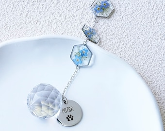 Personalized Forget Me Not Pressed Wind Chime, Customized Crystal Pet Memorial Pendant, Rainbow Bridge Crystal Suncatcher, Pet Loss Gift