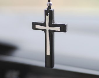 Rear View Mirror Car Accessory Ornament: Silvery Religious Christian Cross And Clear Crystal