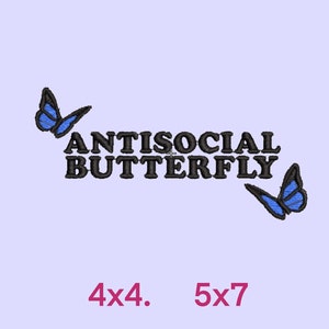 May include: Black embroidered patch with the text "ANTISOCIAL BUTTERFLY" and two blue butterfly designs.
