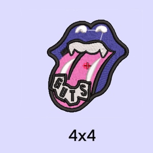 May include: Purple and pink embroidered patch with a tongue sticking out and the word "GUTS" written on it. The patch is 10 cm by 10 cm.