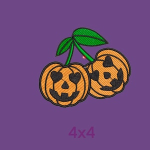 May include: Two orange pumpkin-shaped cherries with black eyes and heart-shaped pupils, and a green stem. The text "4x4" is below the cherries.