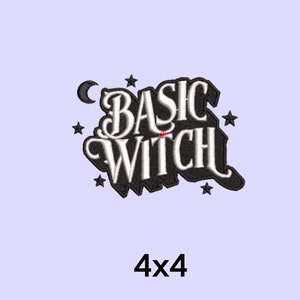 May include: Black and white embroidered patch featuring the text "BASIC WITCH" in a stylised font. The patch is surrounded by small stars and a crescent moon.