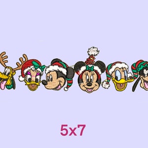 May include: Embroidered Christmas characters, including Mickey Mouse, Minnie Mouse, Donald Duck, and Goofy, wearing Santa hats. The characters are arranged in a row and the text "5x7" is below them.