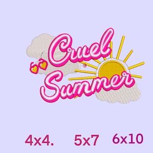 May include: Pink and white "Cruel Summer" text with a yellow sun and two pink hearts on a white cloud. The text is in a retro font style.