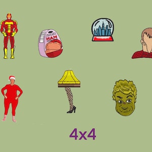 May include: A set of 4x4 iron-on patches featuring various characters and objects, including a superhero, a Christmas-themed figure, a lamp, a snow globe, a ham, and a cartoon character.